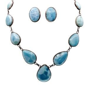 Sterling Silver And Larimar Gemstones Necklace 18” and Clip on Earrings Set